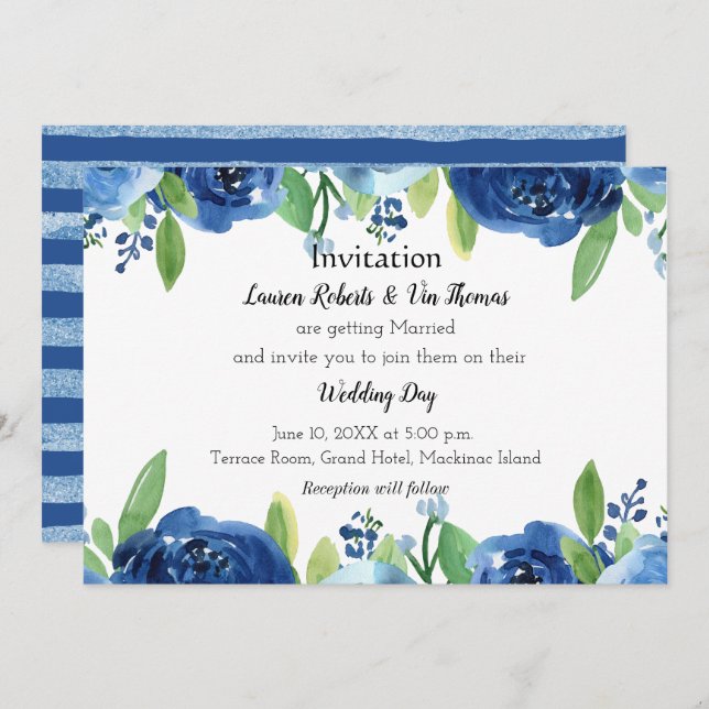 Convite para Casamento de Rosa de Aquarela Azul (Frente/Verso)