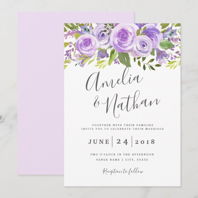 Convite para Casamento de Rosa Floral de lavanda d (Frente/Verso)