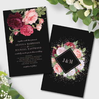 Convite para Casamento de Rosa Negro Elegante de O