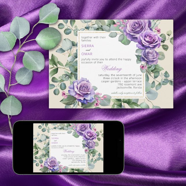 Convite para Casamento de Rosa Roxo e Eucalyptus (Criador carregado)