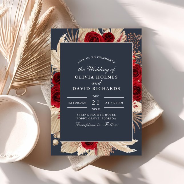 Convite para casamento de Rosas Blue Burgundy (Midnight Blue Burgundy Roses Wedding Invitation on a boho table with dry palm leaf.)