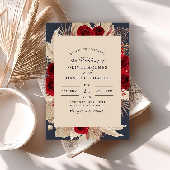 Convite para casamento de Rosas Blue Burgundy (Midnight Blue Burgundy Roses Wedding Invitation on a boho table with dry palm leaf.)