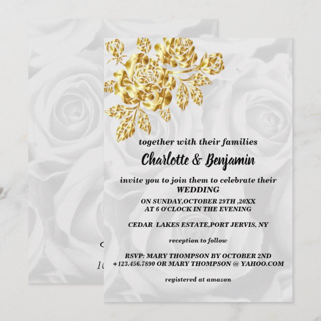 Convite Para Casamento De Rosas Brancas E Douradas (Frente/Verso)