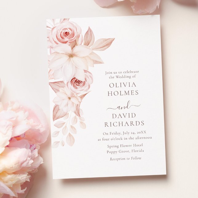 Convite para Casamento de Rosas Brancas e Rosa Boê (Bohemian White and Pink Roses Wedding Invitation on a pastel pink table with pale pink peonies.)