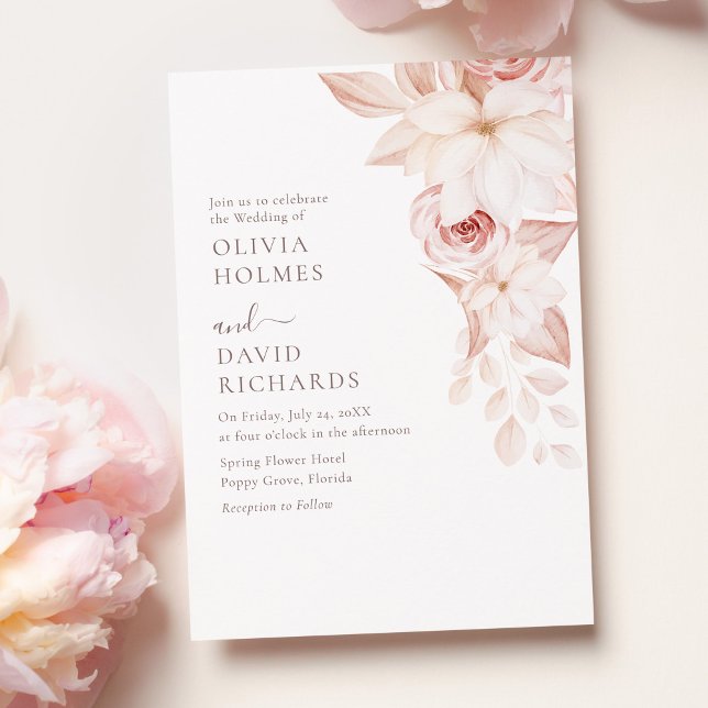Convite para Casamento de Rosas Brancas e Rosa Ele (Elegant White and Pink Roses Wedding Invitation on a pink table with pale pink peonies.)