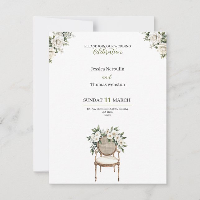 convite para casamento de rosas brancas ouros (Frente)