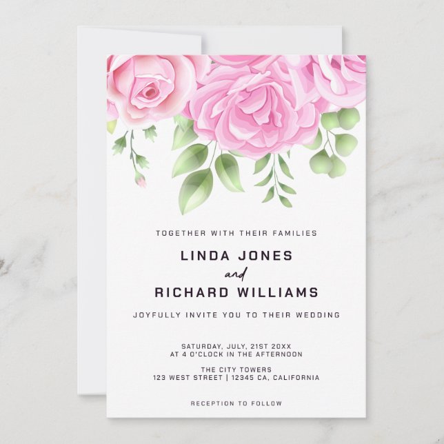 Convite para Casamento de Rosas de Aquarela (Frente)