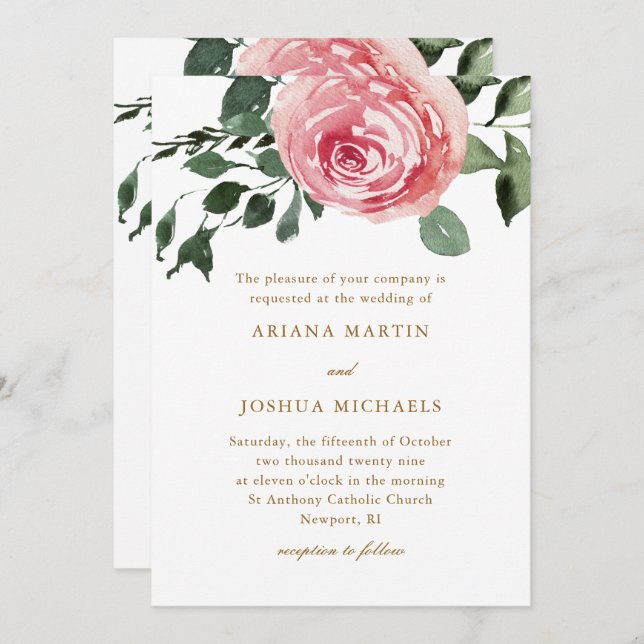 Convite para Casamento de Rosas de Aquarela Elegan (Frente/Verso)