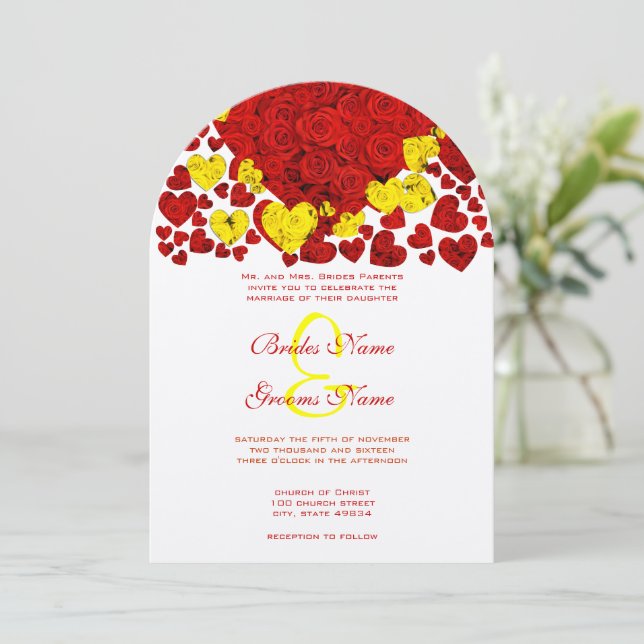 Convite para Casamento de Rosas de Coração Amarelo (Em pé/Frente)