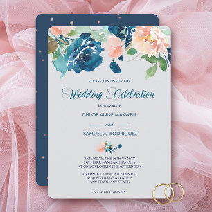 Convite para Casamento de Rosas de Pêssego Azul In