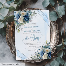 Convite para Casamento de Rosas de Prata Azul-Escu