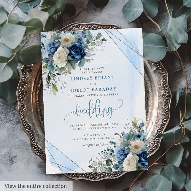 Convite para Casamento de Rosas de Prata Azul-Escu (Romantic Dark Blue Silver Roses Wedding Invitation)