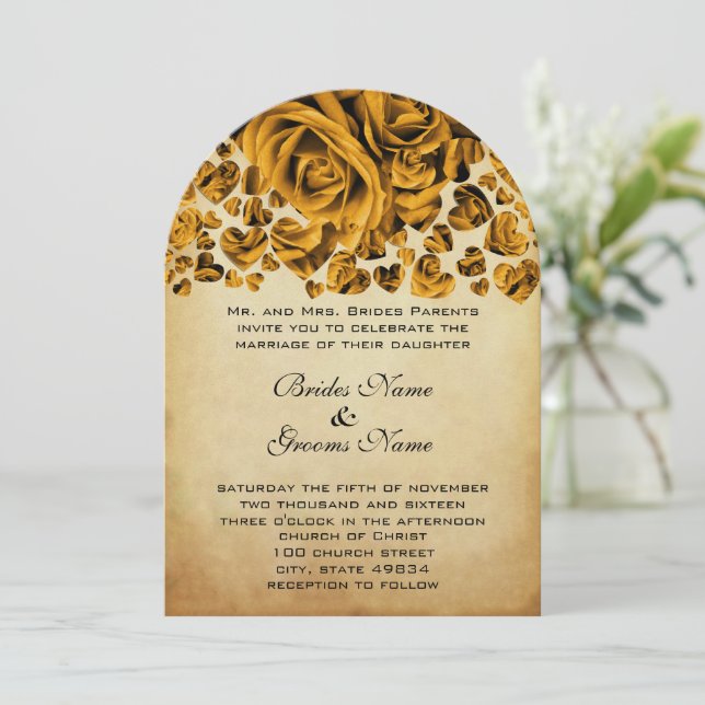 Convite para Casamento de Rosas Dourados (Em pé/Frente)