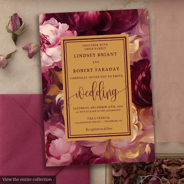 Convite para Casamento de Rosas Dourados da Elegan (Elegant Lux Burgundy Gold Roses Wedding Invitation)