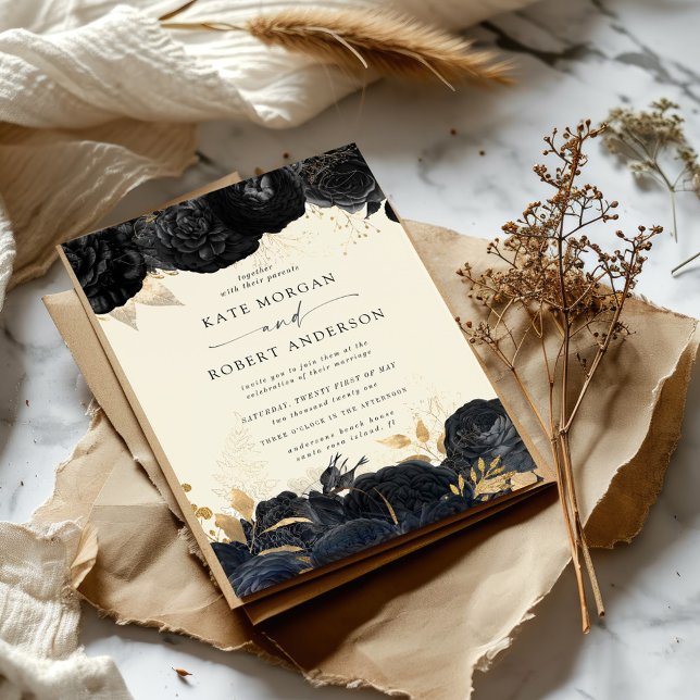 Convite para Casamento de Rosas Pretos Dourados co (Criador carregado)