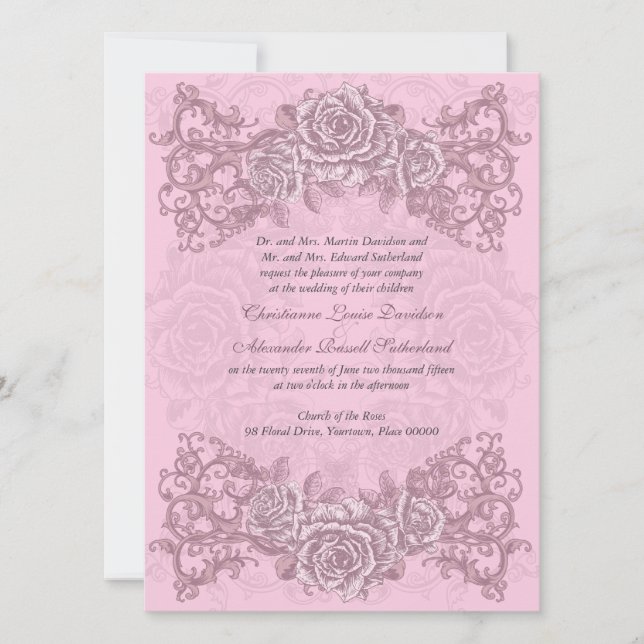 Convite para Casamento de Rosas Rosa Anticas (Frente)