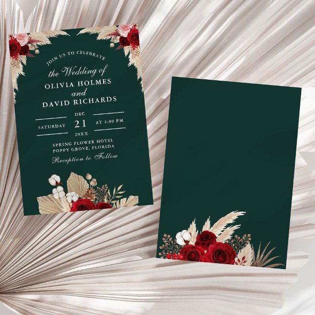 Convite para Casamento de Rosas Tropicais Emerald  (Emerald Green Tropical Roses Wedding Invitation on a sunny white dry palm leaf.)