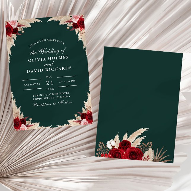 Convite para Casamento de Rosas Tropicais Emerald  (Emerald Green Tropical Roses Wedding Invitation on a sunny white dry palm leaf.)