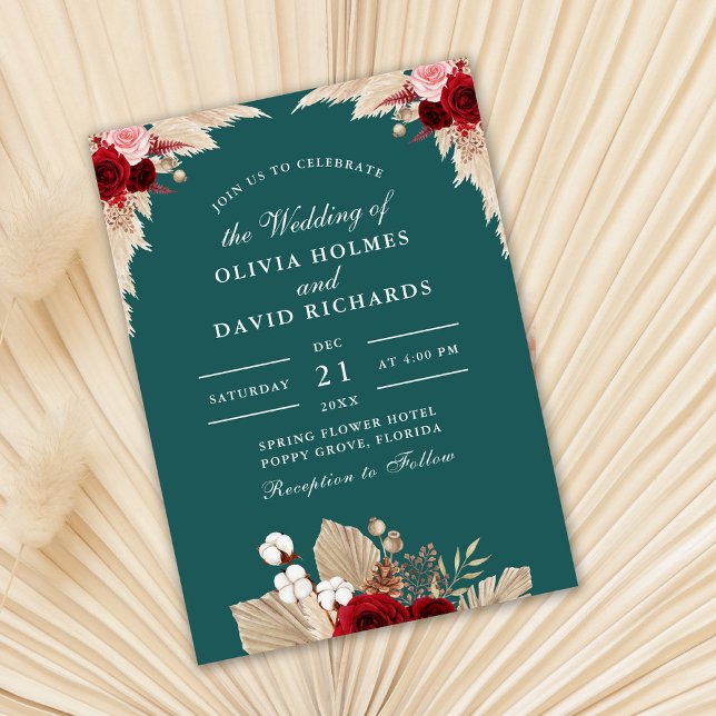 Convite para Casamento de Rosas Tropicais Teais (Teal and burgundy wedding invitation on dry palm leaf.)