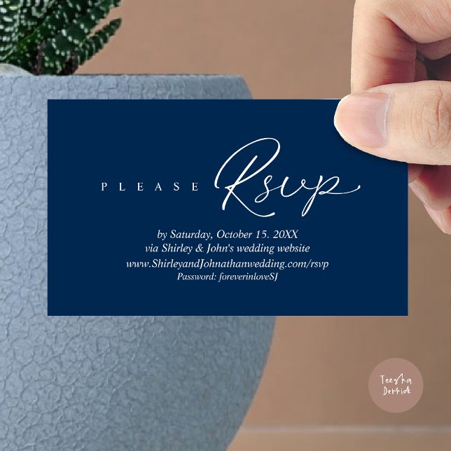 Convite para Casamento de RSVP Moderno, via Web si (Modern RSVP Wedding Invitation, via Website Enclosure Card, Phone, email, Navy Blue)
