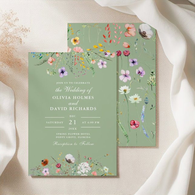 Convite para Casamento de Sage Green (Sage Green Wildflower Wedding Invitation on a silk tablecloth with botanicals)