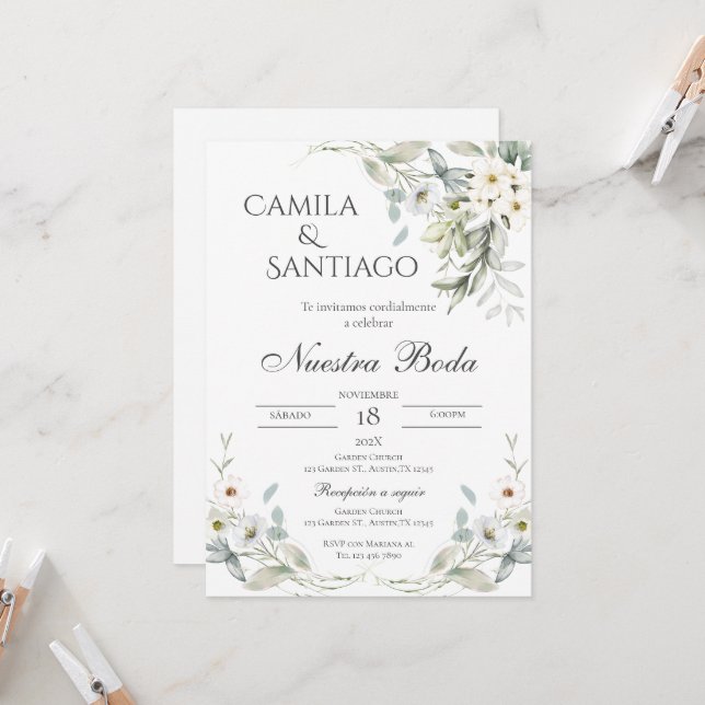 Convite para casamento de Sage Green Floral em esp (Frente/Verso In Situ)
