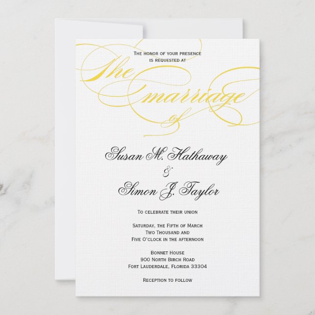 Convite para Casamento de Script Elegante - Amarel (Frente)