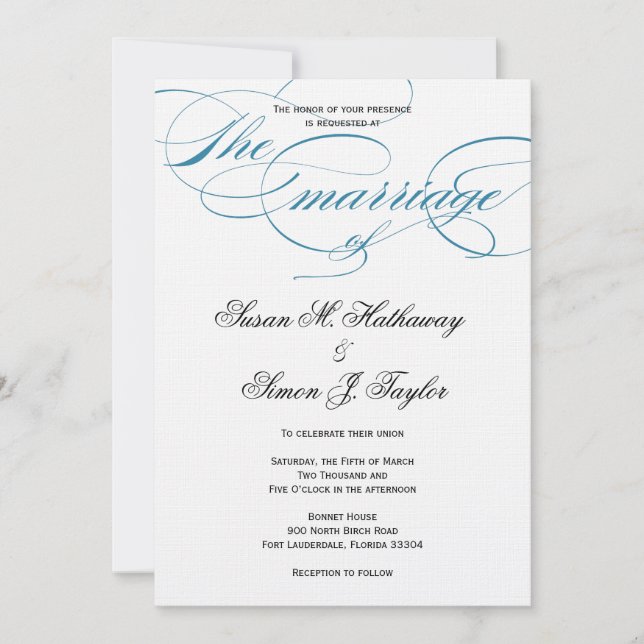 Convite para Casamento de Script Elegante - Azul (Frente)