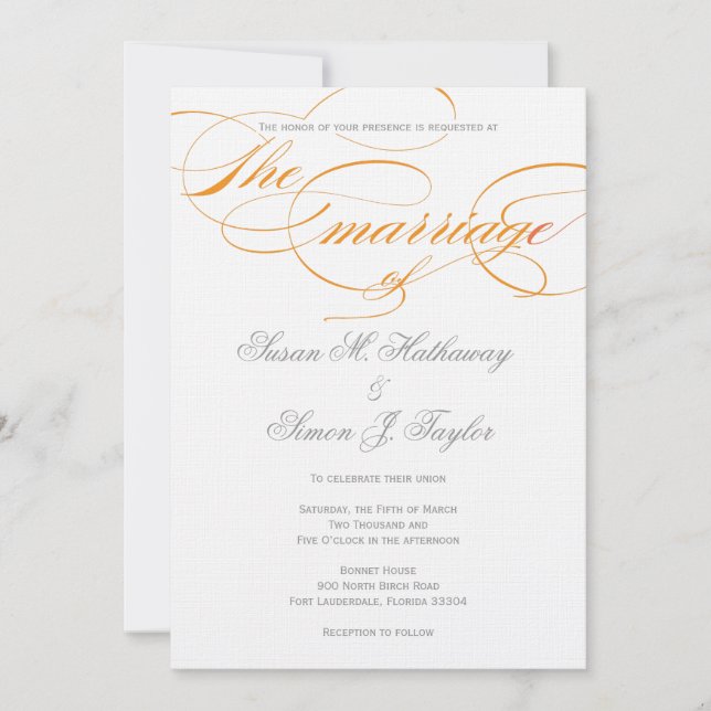 Convite para Casamento de Script Elegante - Laranj (Frente)