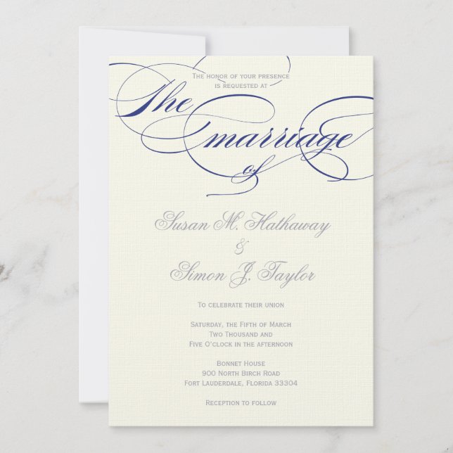 Convite para Casamento de Script Elegante - Marinh (Frente)