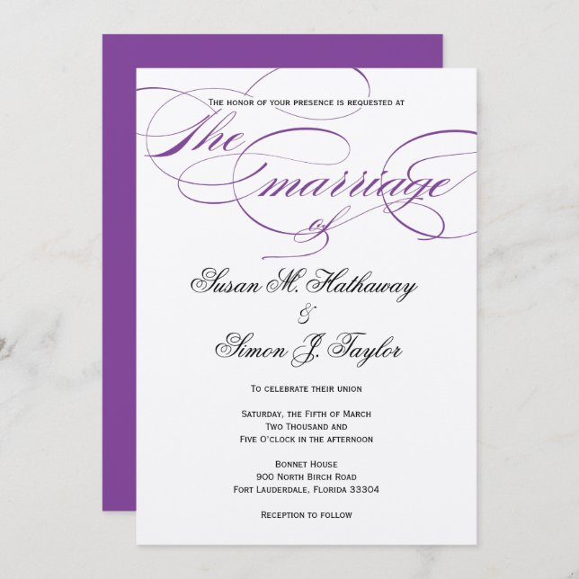 Convite para Casamento de Script Elegante - Roxo (Frente/Verso)