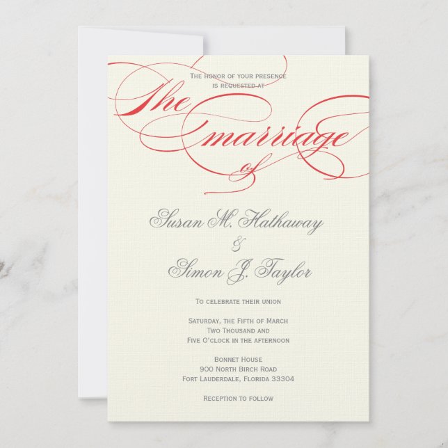 Convite para Casamento de Script Elegante - Vermel (Frente)