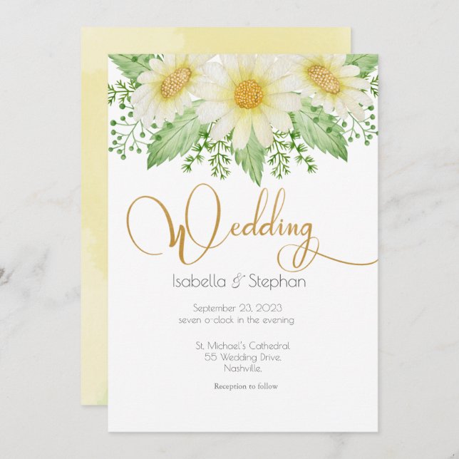 Convite para Casamento de Script Floral Amarelo Br (Frente/Verso)