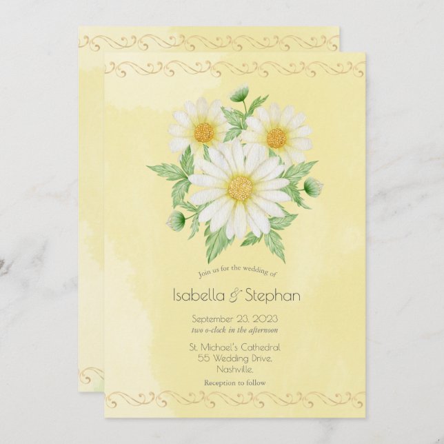 Convite para Casamento de Script Floral Amarelo Br (Frente/Verso)