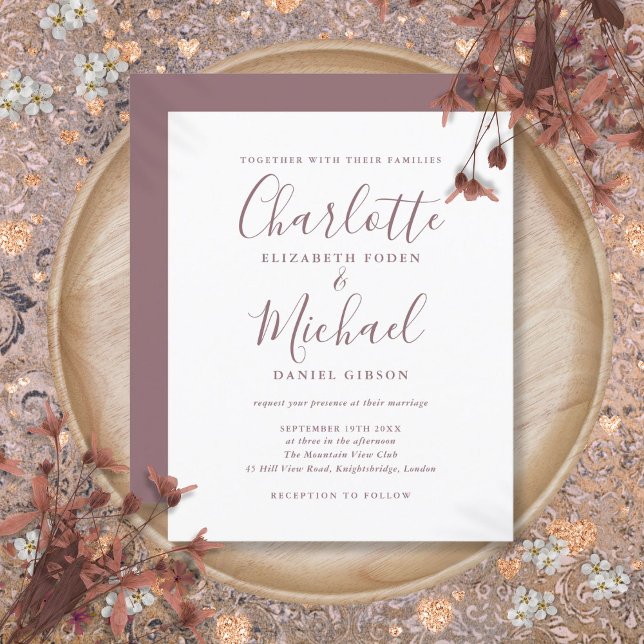 Convite para Casamento de Script Mauve Simples de  (Budget Simple Mauve Script Wedding Invitation)