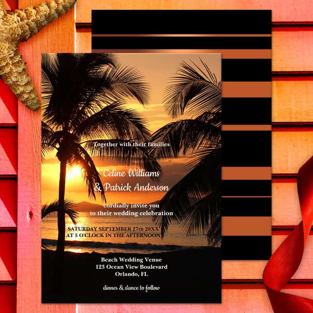 Convite Para Casamento De Soldados Na Praia Da Pal (Wedding invitation featuring a sunset at a tropical beach with palm trees)
