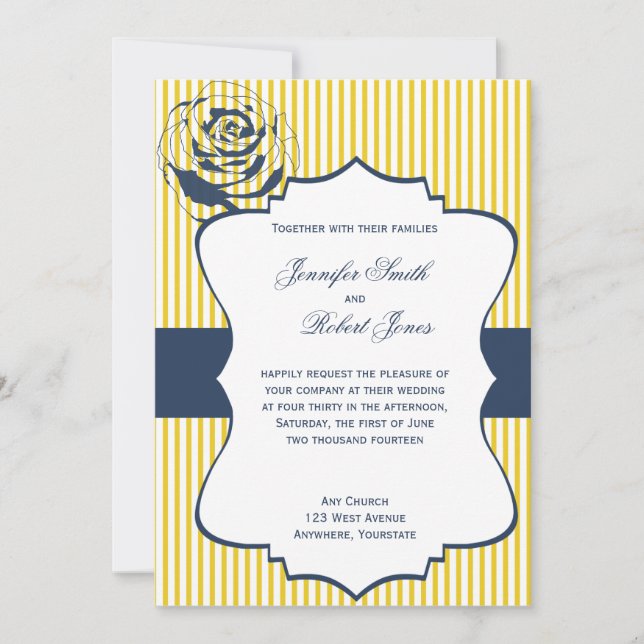 Convite para Casamento de Stripe Amarelo Azul Mode (Frente)