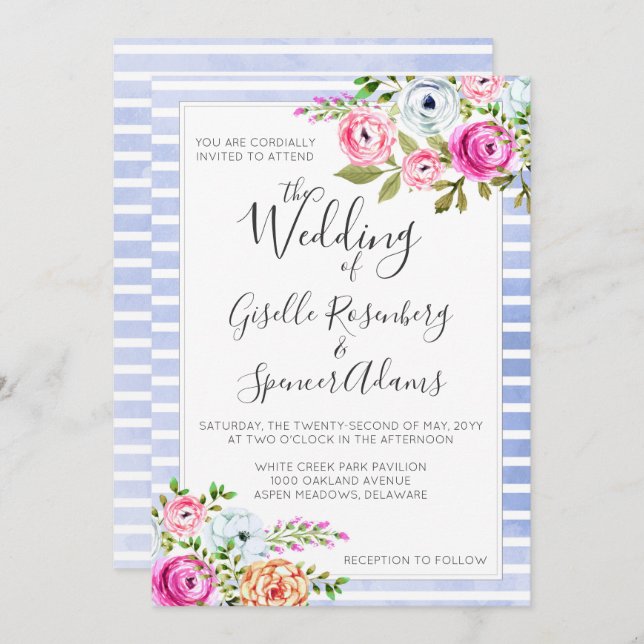 Convite para Casamento de Stripe Floral Moderno (Frente/Verso)