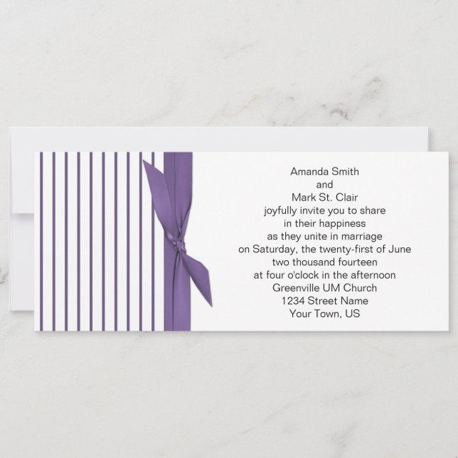 Convite para Casamento de Stripe Roxo e Branco (Frente)