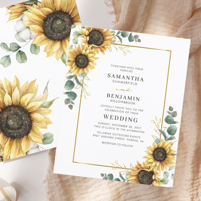 Convite para Casamento de Sunflower Eucalyptus (Floral Modern Sunflower Eucalyptus Wedding Invitation)