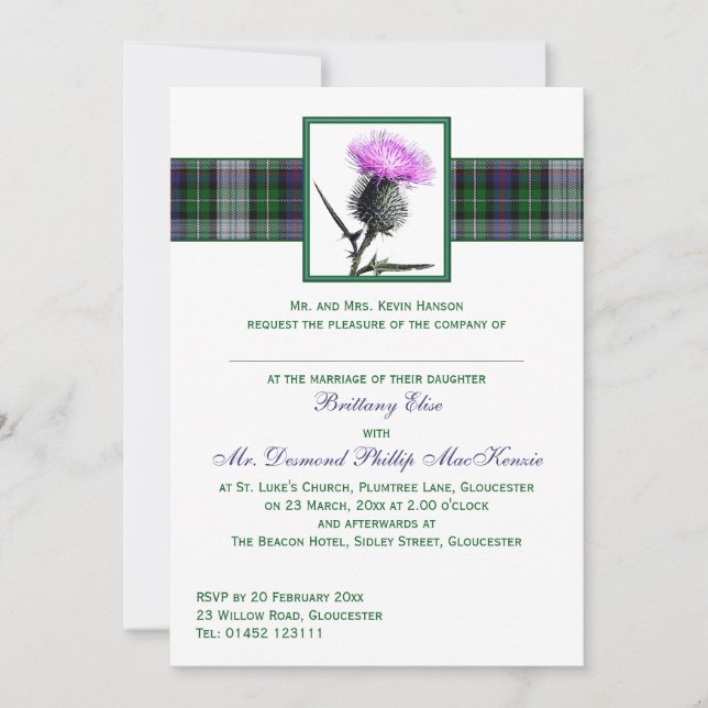 Convite Para Casamento De Tartan Verde Roxo (Frente)