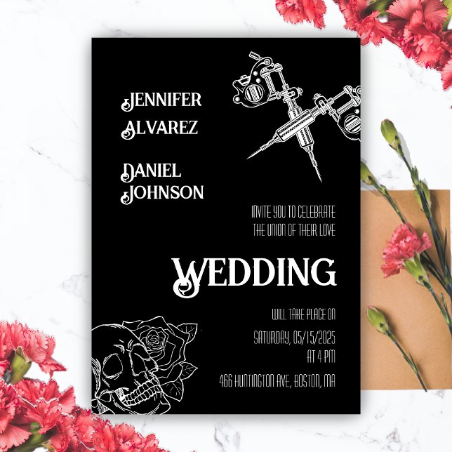 Convite para Casamento de Tatuagem do Crânio Negro (Black and White Skull Tattoo Wedding Invitation)