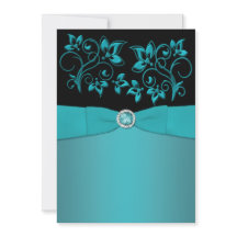 Convite para Casamento de Teal e Floral Negra