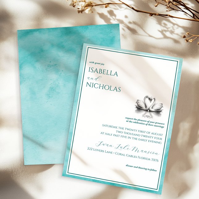Convite Para Casamento De Teal Swan Lake Watercolo (Elegant Teal Wedding Invite)