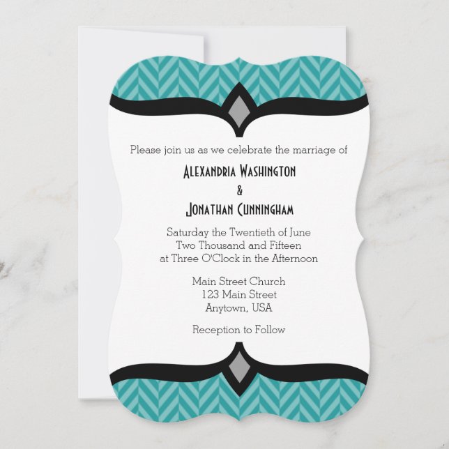 Convite Para Casamento De Teal White Herringbone (Frente)