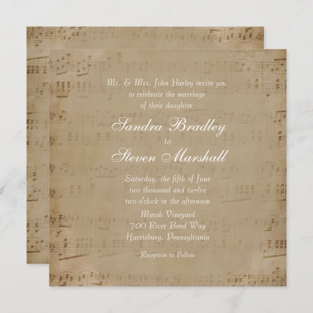 Convite para Casamento de Tema Musical de Folha An (Frente/Verso)