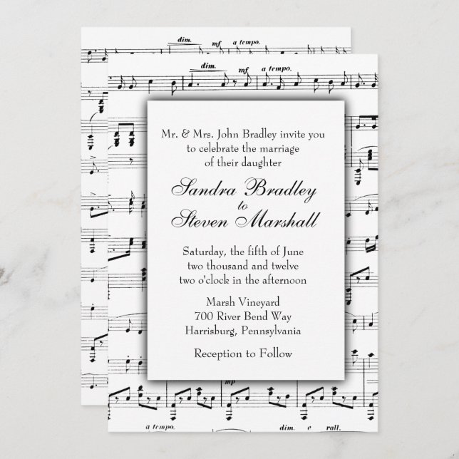 Convite para Casamento de Tema Musical White Sheet (Frente/Verso)