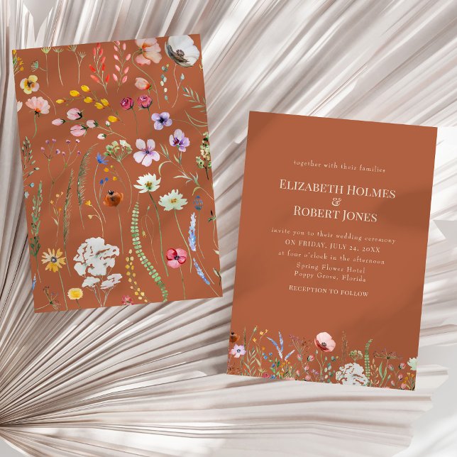 Convite para Casamento de Terracotta Boho Wildflow (Terracotta Boho Wildflower Wedding Invitation on a sunny neutral dry palm leaf.)