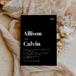 convite para casamento de texto moderno negro<br><div class="desc">simples modelo de convite de casamento,  design de texto moderno com cores preto e branco,  adicione seus próprios detalhes e código QR.</div>