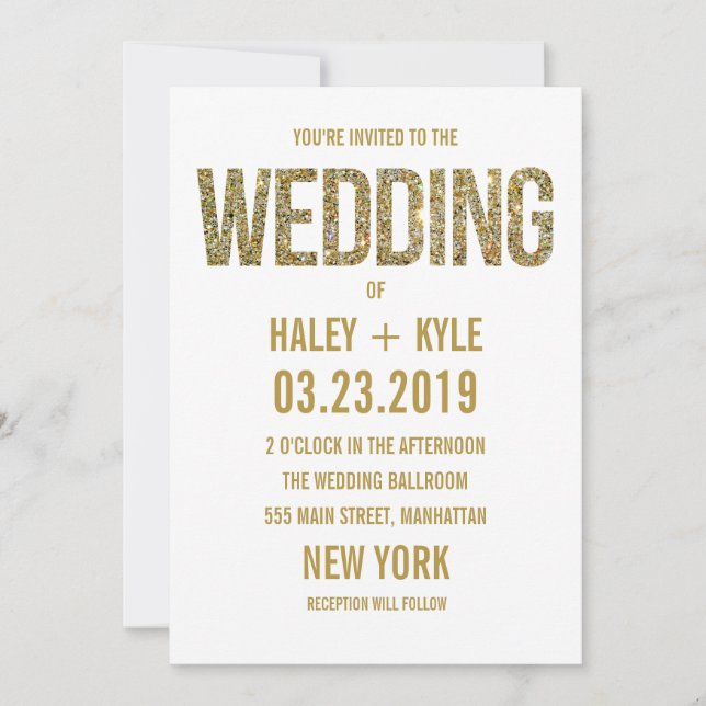 Convite Para Casamento De Tipografia Dourada E Bra (Frente)